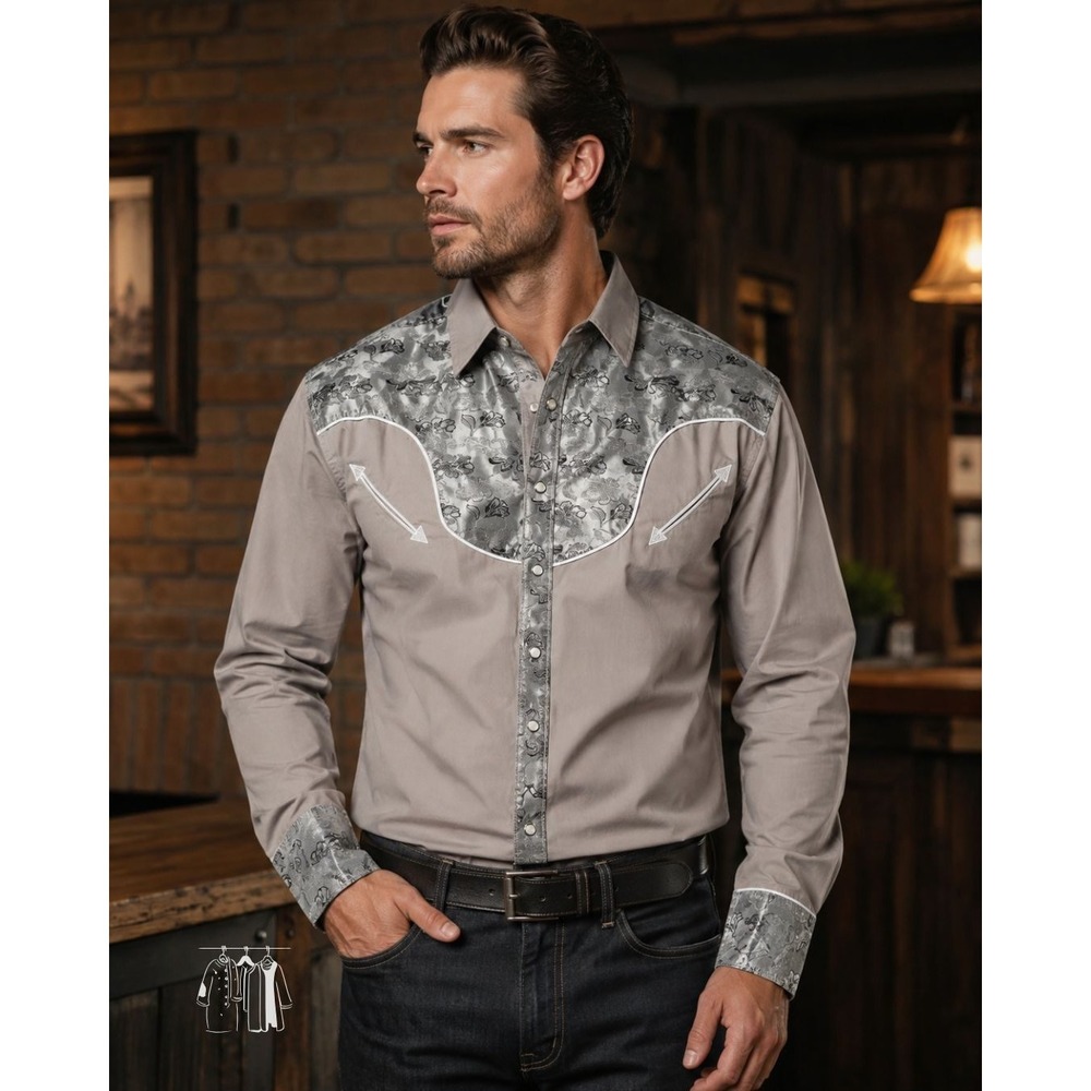 Mens XL Western Snap Shirt Grey Metallic Floral Jacquard Pearl Snap Vaquero Rock